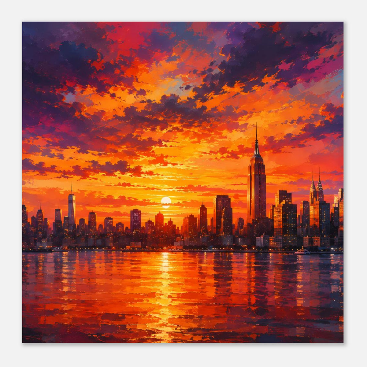 Stadtlandschaft-Poster in warmen Tönen: Sonnenuntergang, Skyline und spiegelnde Wasseroberfläche