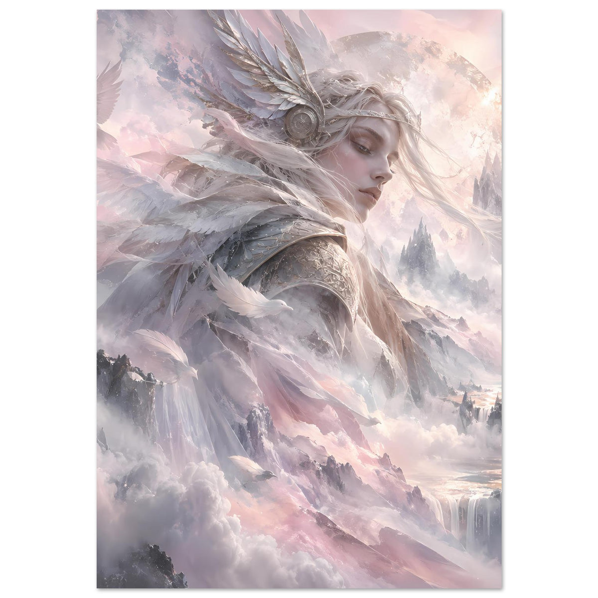 Nordisches Fantasy-Poster mit Walküre im Profil, langen Federn, graublauer Schulterrüstung
