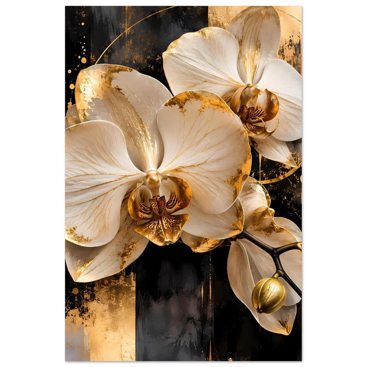 Orchideenposter mit Elfenbeinorchideen, goldenen Knospen und Ranken, zentrierte Ansicht