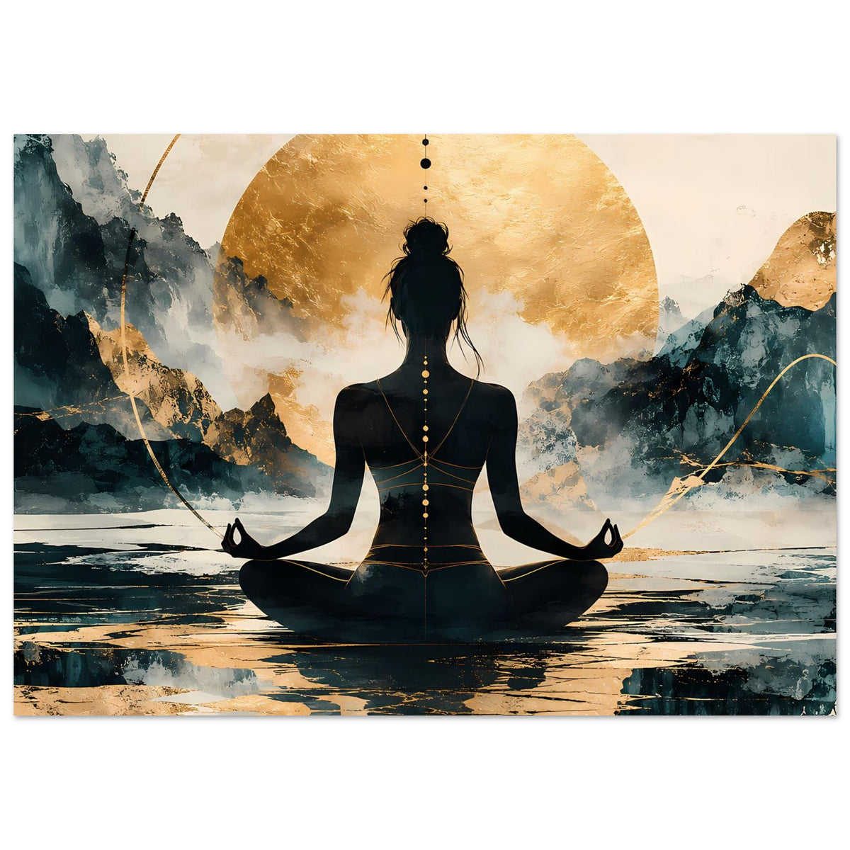 Poster mit Meditations-Silhouette, goldenen Kreisenlementen und geprägter Berglandschaft
