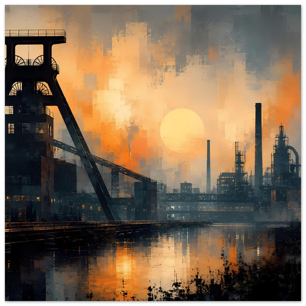 Industrie-Skyline-Poster im Dämmerlicht mit großer Sonne, Fabrikanlagen, Brücke und Spiegelung