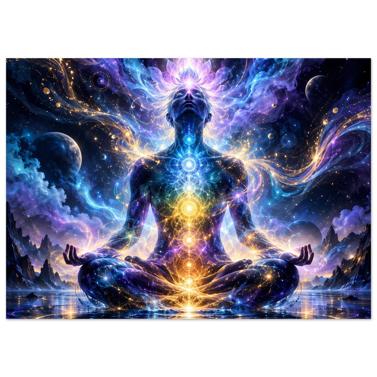 Hochformat-Poster mit meditierender Chakra-Figur im Sternenmeer, kreisförmige Lichtsignale