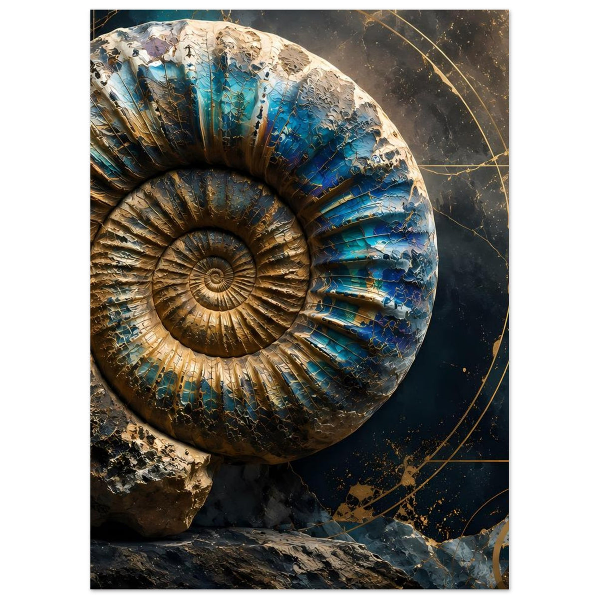 Kunstposter mit Ammonitenfossil, großes Spiralzentrum in Petrolblau und Goldtönen