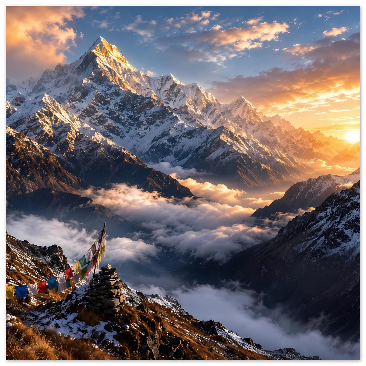 Poster: Sonnenaufgang über schneebedeckten Bergen, Wolken im Tal und Flaggen am Grat