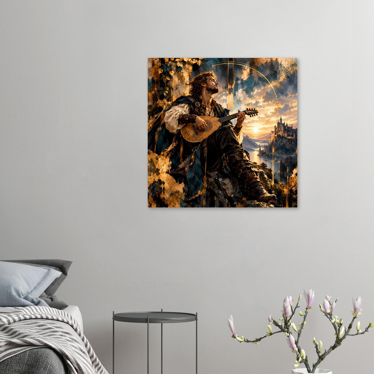 Hängendes Poster mit Bard-Musiker und Gitarre, Fantasy-Szene im Sonnenuntergang