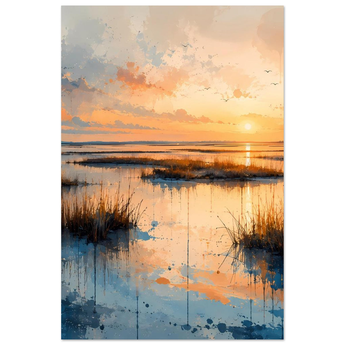 Küstenlandschafts-Poster mit Sonnenuntergang, spiegelnder Wasseroberfläche und Schilfbüscheln