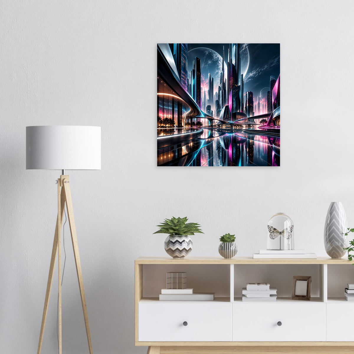 Neon-Stadtposter, kompakte Größe mit futuristischer Stadt, Mondsichel und Neonstraßen