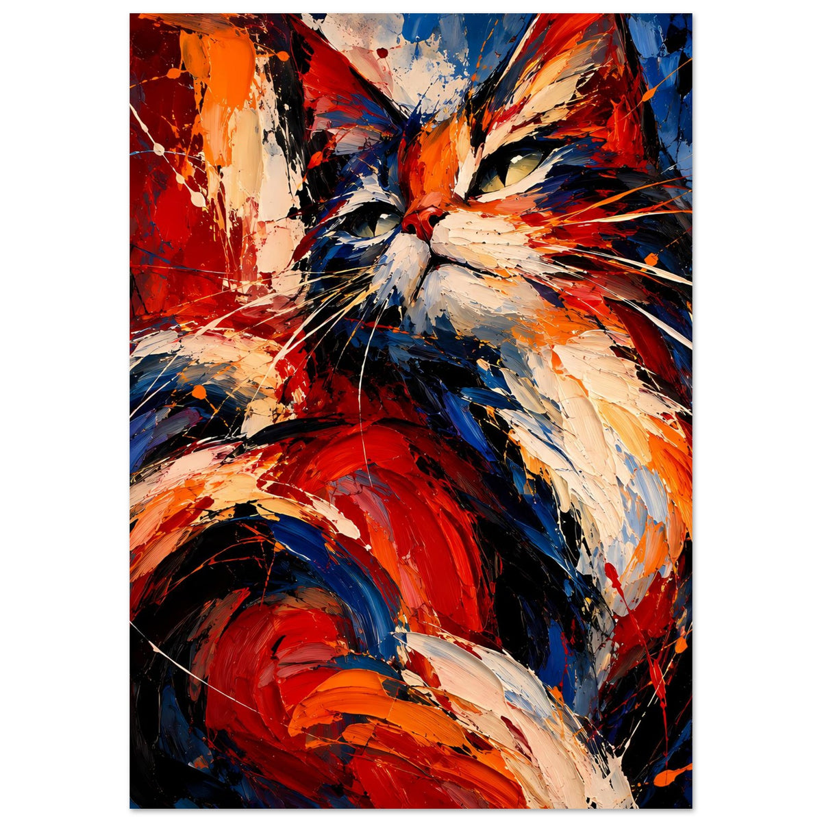 Abstraktes Katzenposter, vertikale Ansicht, rot-blaue Pinselstriche, orange und beiger Schimmer