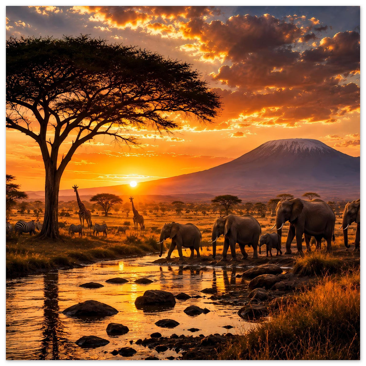 Safari-Poster: Elefantenherde am Fluss bei Sonnenuntergang, Akazienbaum, Berg im Dunst