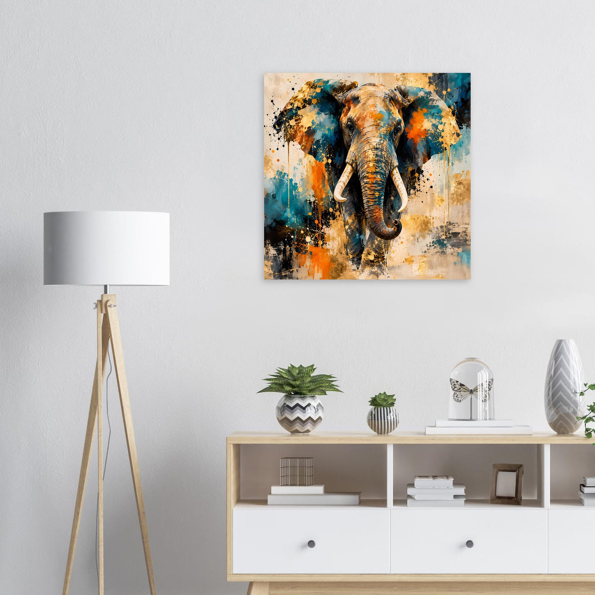 Abstraktes Elefantenposter im Rahmen mit bunten Spritzfarben in Blau, Türkis und Orange