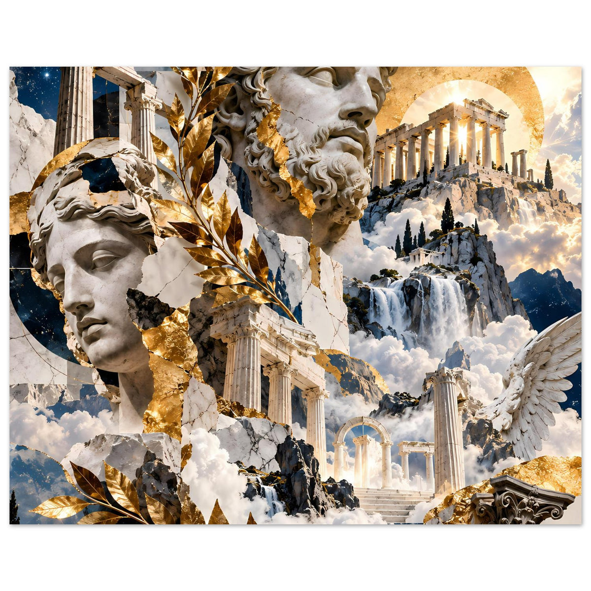 Querformat-Poster mit großen Statuen, goldenen Akzenten, Tempelsäulen und Wolkenbergen