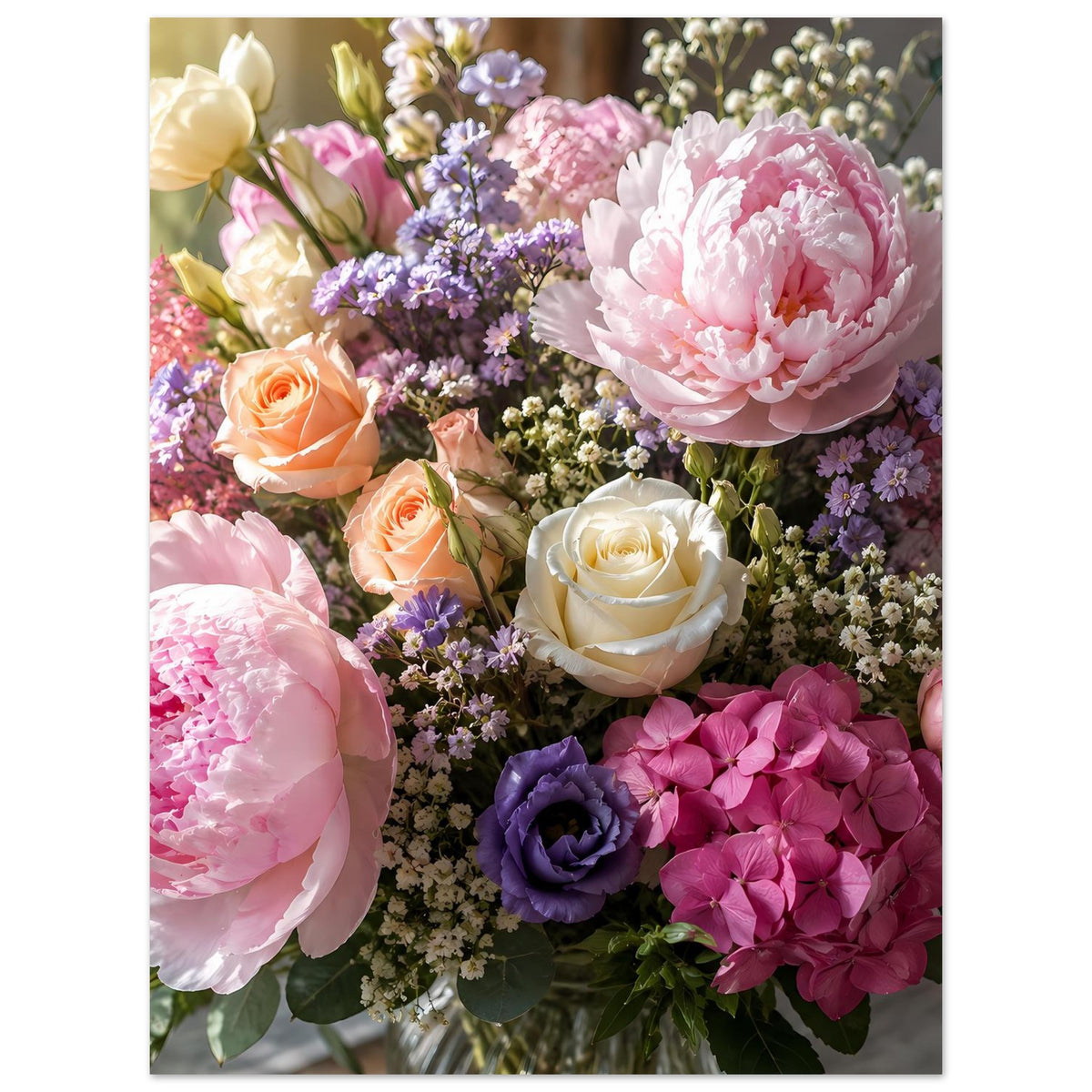 Blumenstrauß-Poster: Pfingstrosen, Rosen und kleine Blüten in Pastell- und Pinktönen