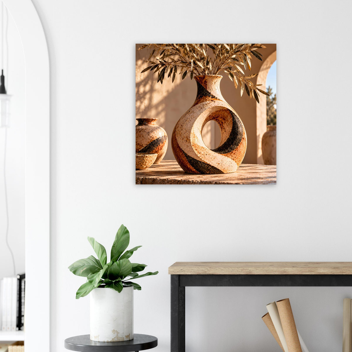 Poster mit Keramikvase in warmen Erdtönen, organischer Form und Pflanzenzweigen