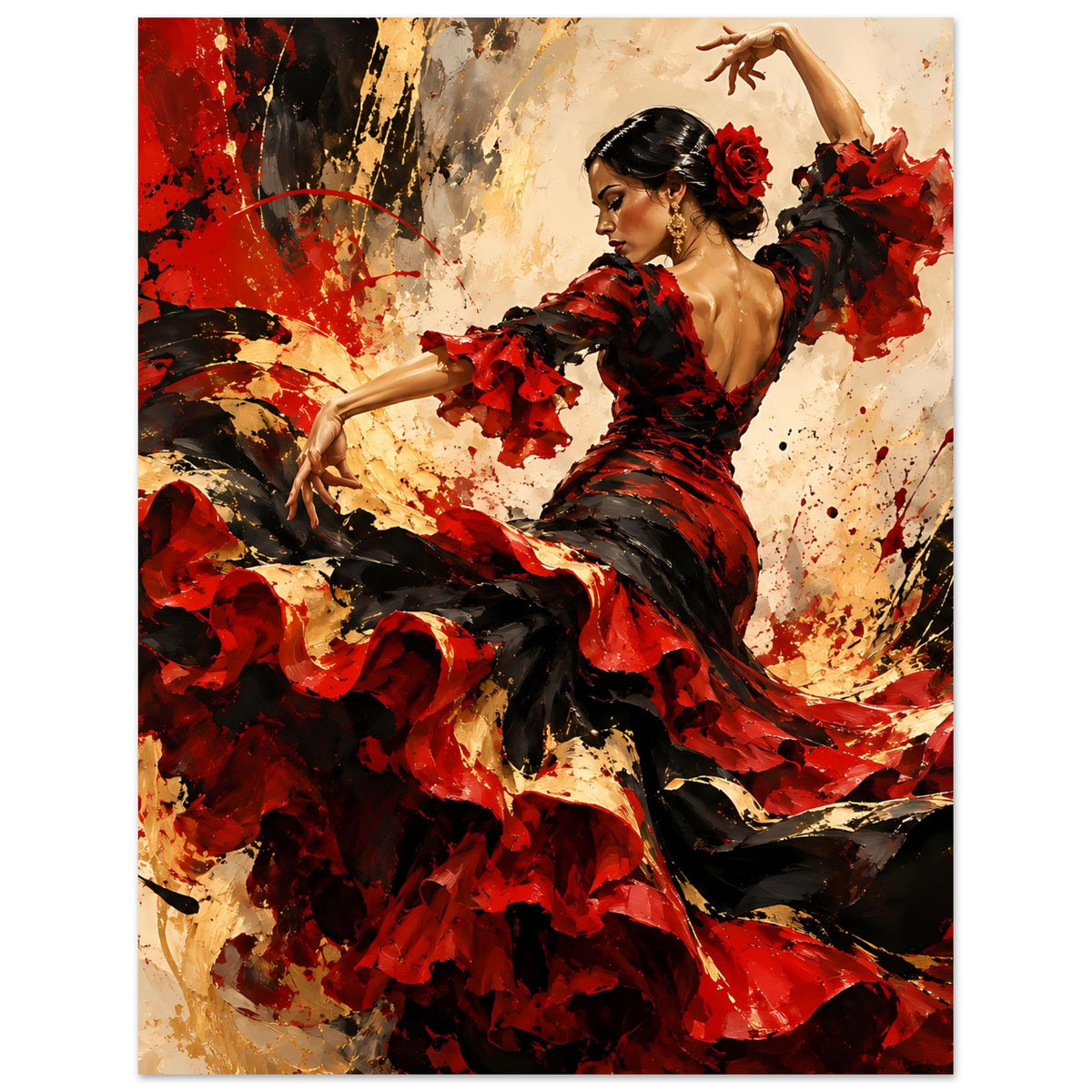Poster mit Flamenco-Tänzerin in rotem und schwarzem Kleid, Rockfalten, dynamische Farbflecken