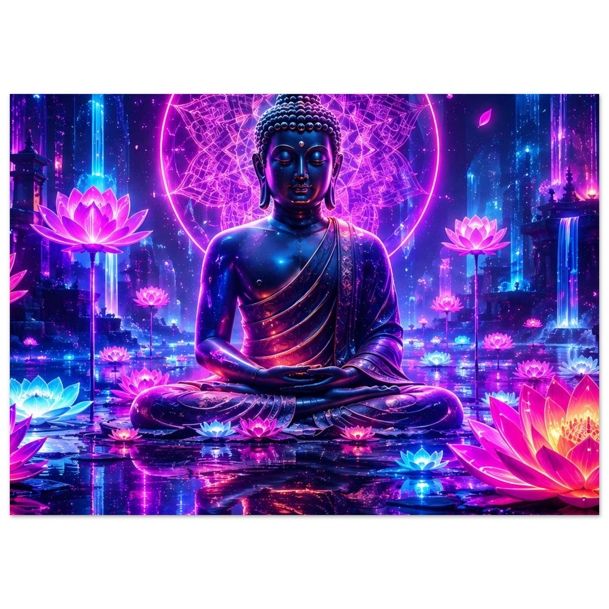 Meditations-Buddha auf Lotusblüten mit leuchtenden Neonblumen am Rand des Postermotivs