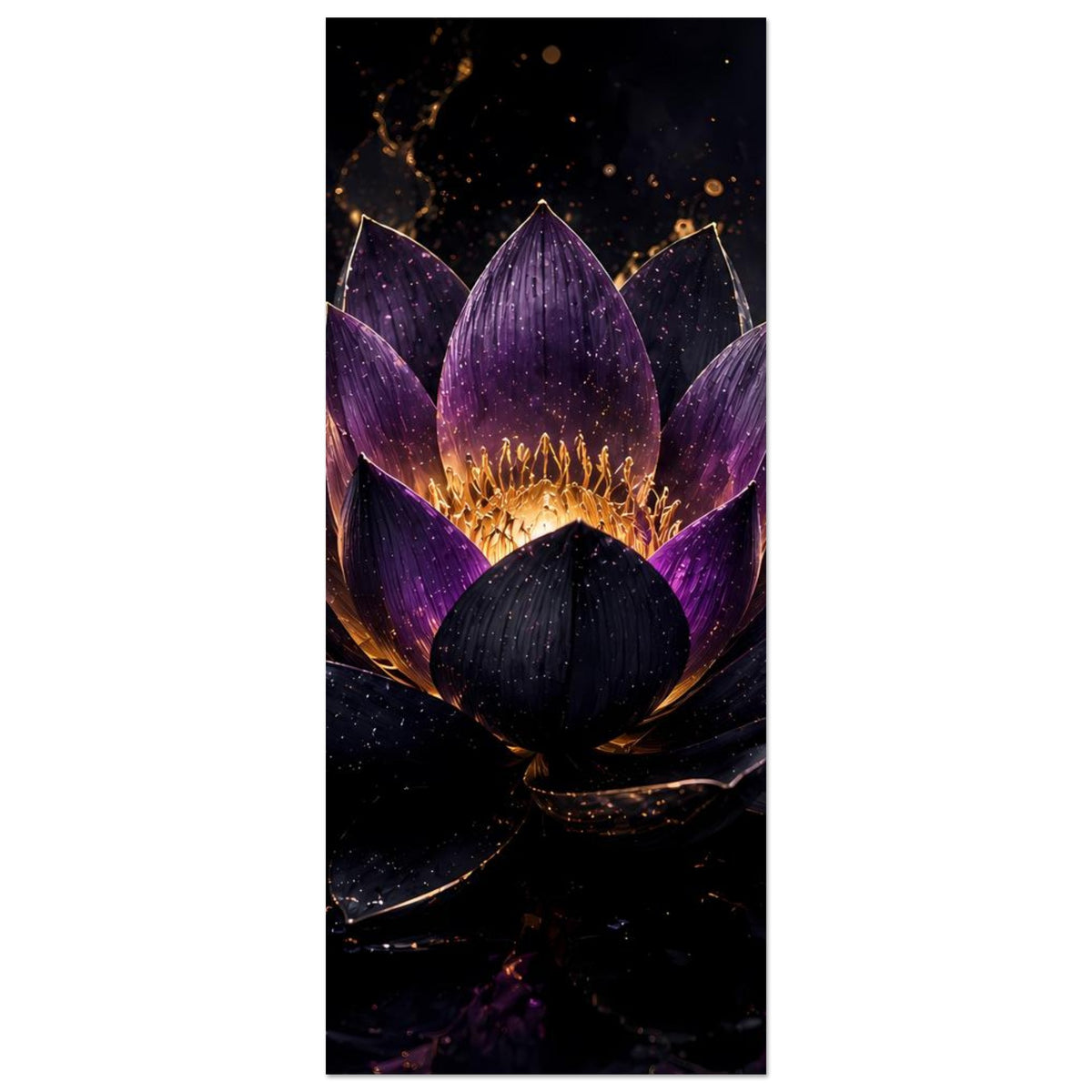 Vertikales Lotusblüten-Poster: violette Blätter, goldene Blütenmitte, dunkles Farbschema
