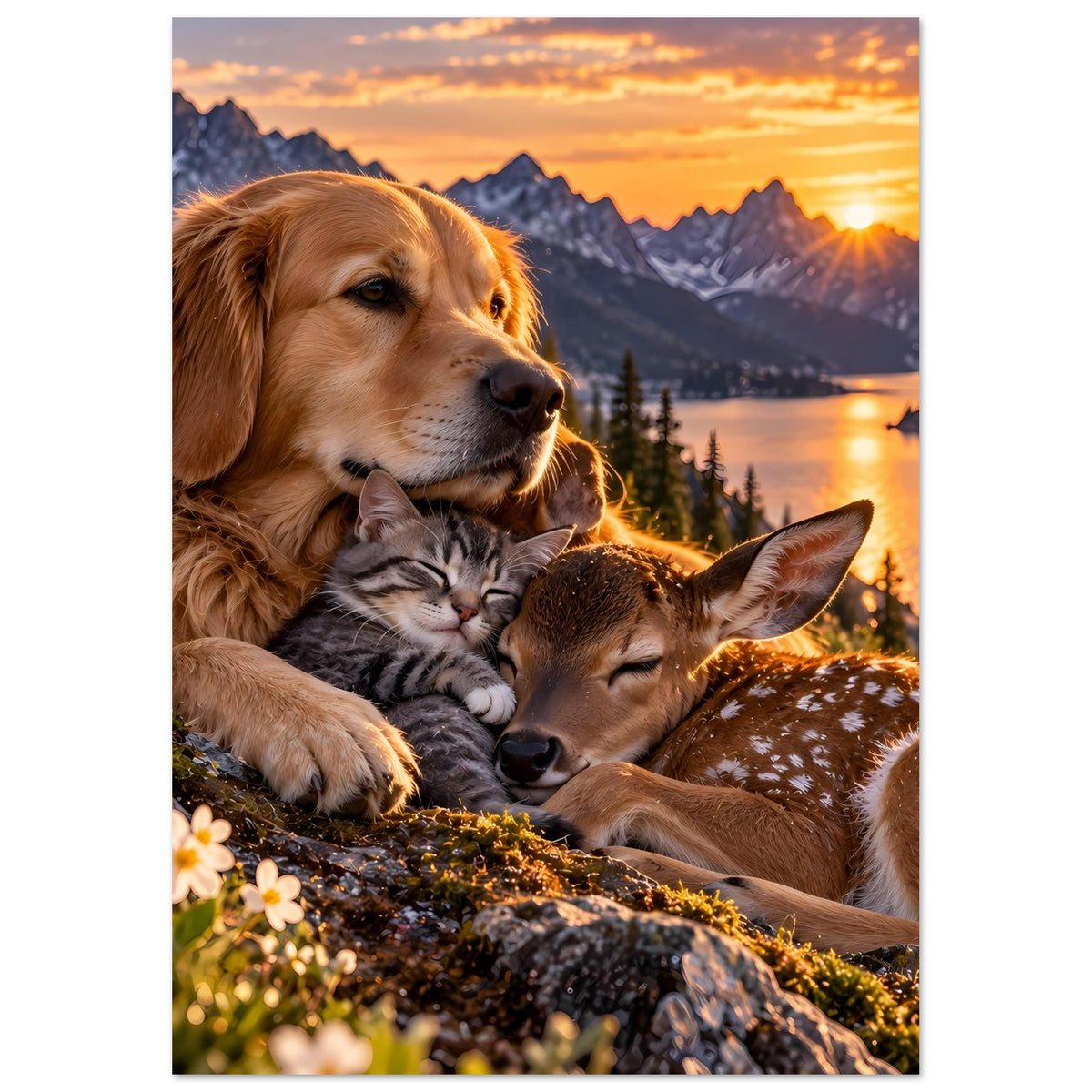 Hochformat-Poster mit goldener Hundepfote, Katze und Reh in Schutzumschlingung