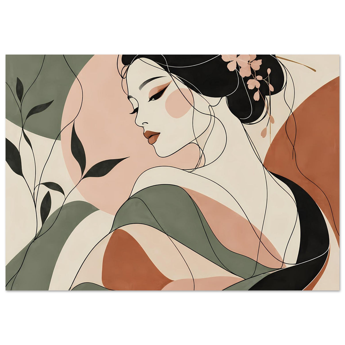 Zen-Poster: Geisha im Profil, schwarzes Haar mit rosa Blüten, grünes Gewand, warme Farbfelder