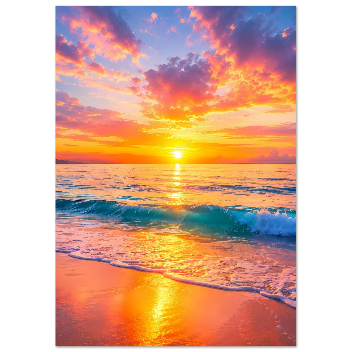 Hochformatiges Strandposter: Sonnenaufgang über Meer, goldene Reflexion auf nassem Sand