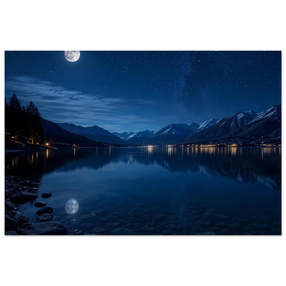 Poster: horizontaler Bergsee bei Nacht mit Sternenhimmel und dunklen Tannen links