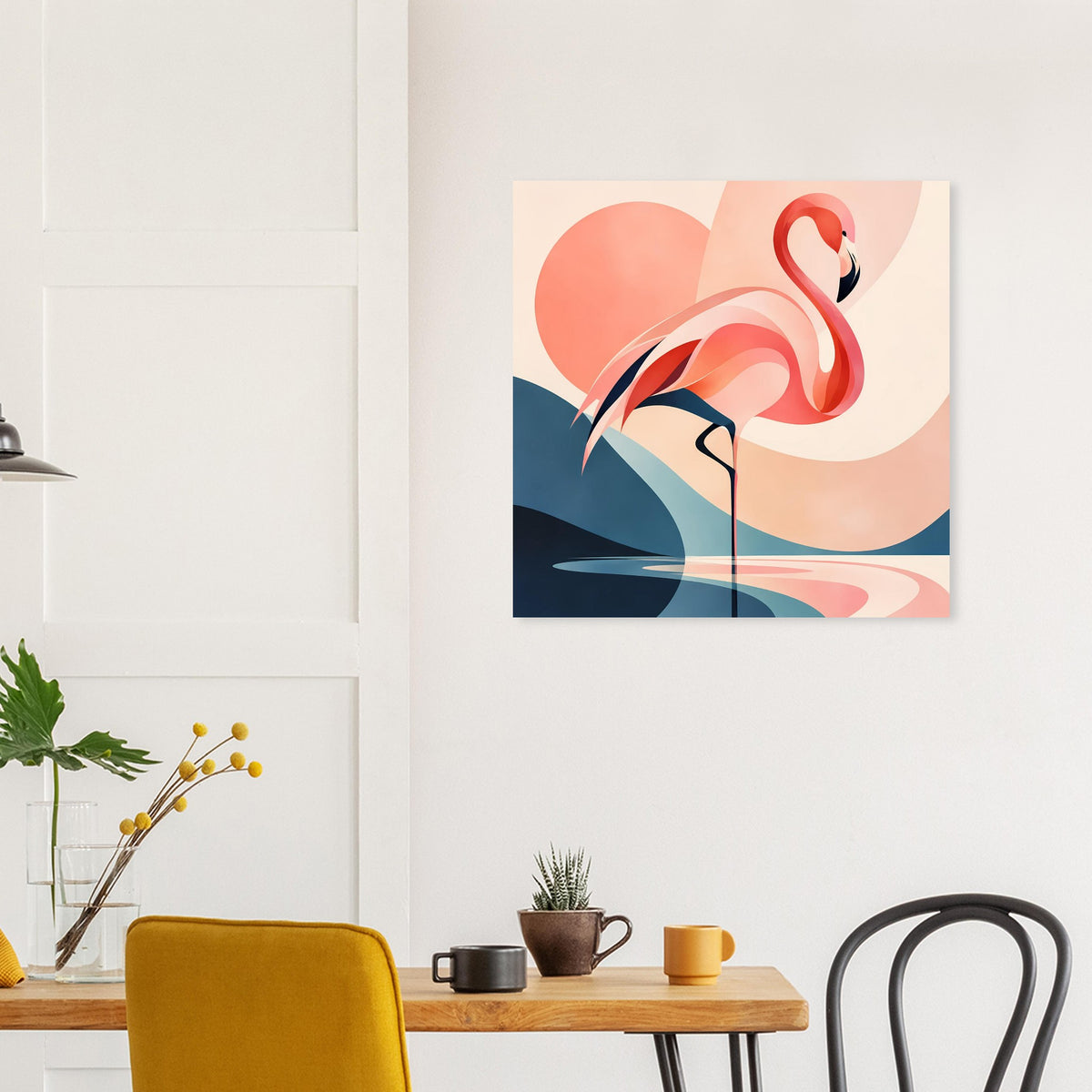 Gerahmter Wanddruck mit Flamingo-Illustration, Koralle-Rosa und dunklem Blau
