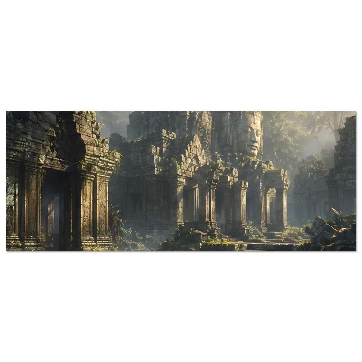 Breites Poster mit Tempelruinen und Säulenreihe, warmes Licht und Nebel im Hintergrund
