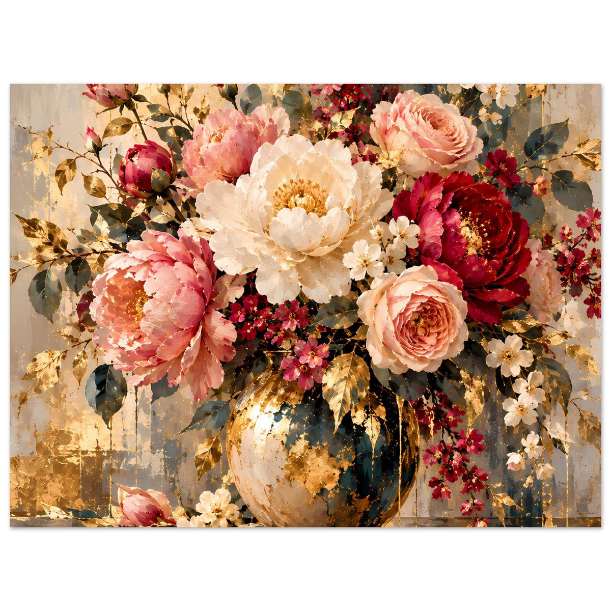 Blumenposter, breiter Druck: Pfingstrosen und Rosen in Vase, mit warmen Gold- und Blautönen.