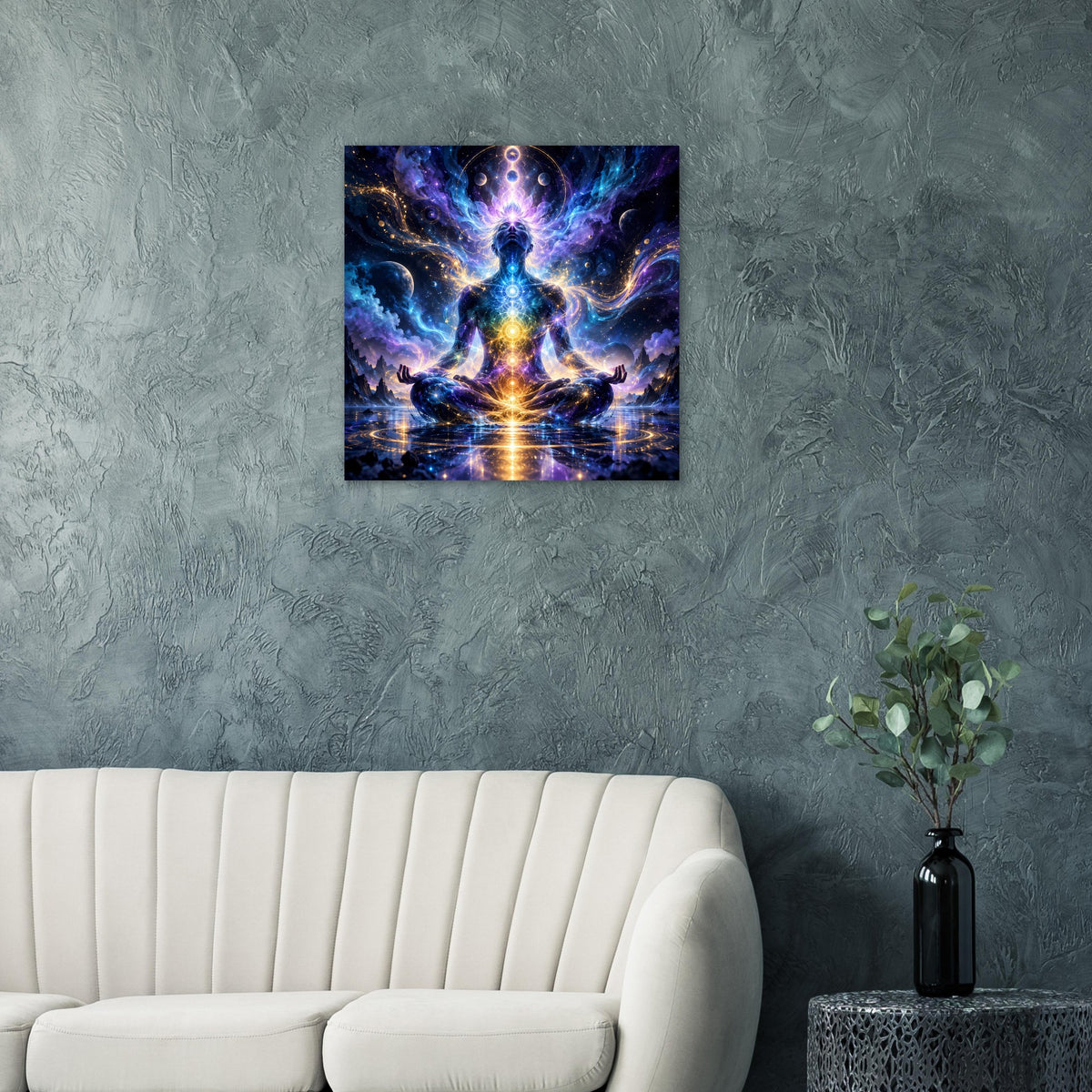 Spirituelles Poster: meditierende Chakrafigur im kosmischen Sternenmeer mit goldener Lichtsäule