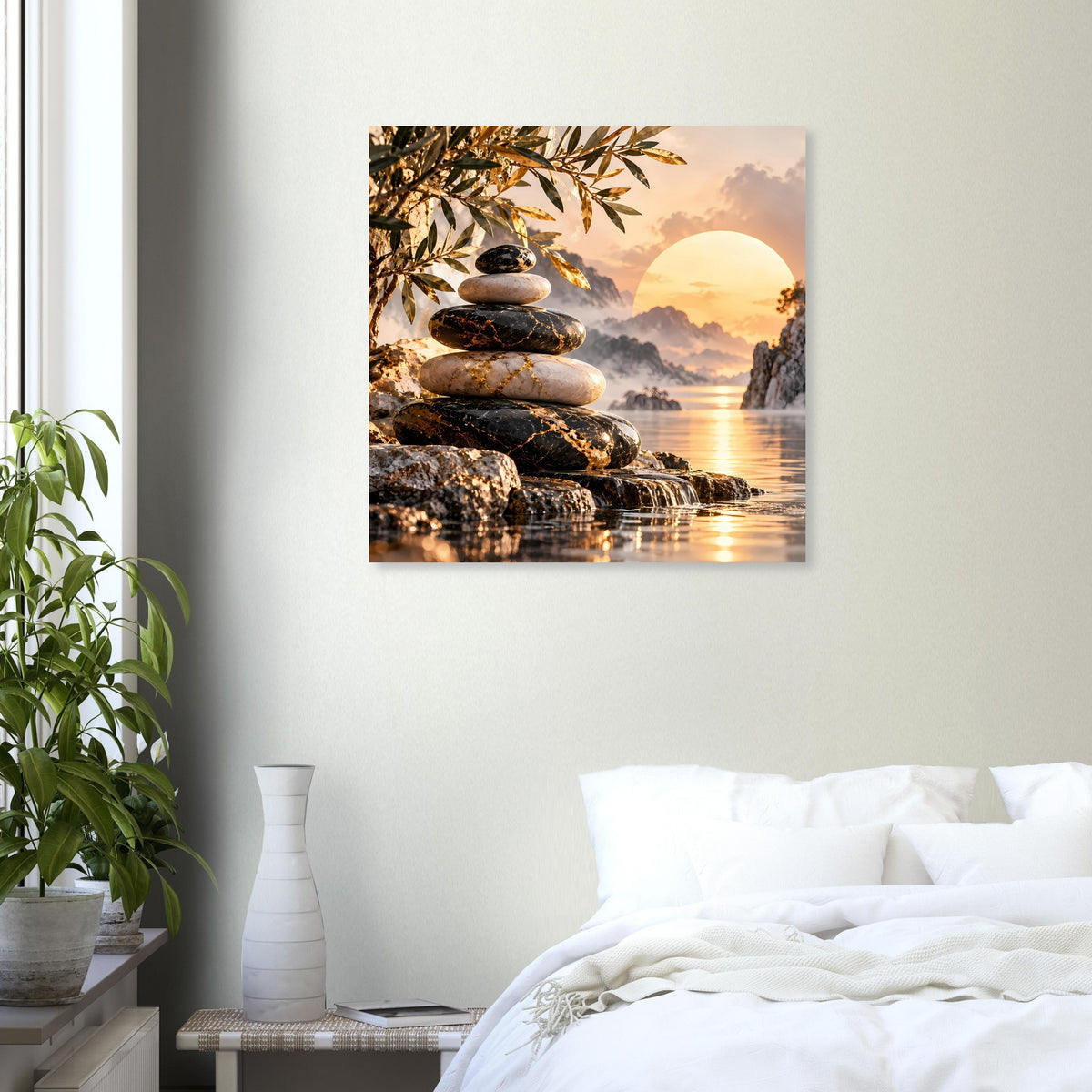 Posteransicht: Steinmandala am Wasser bei Sonnenuntergang mit Blick auf Felsen