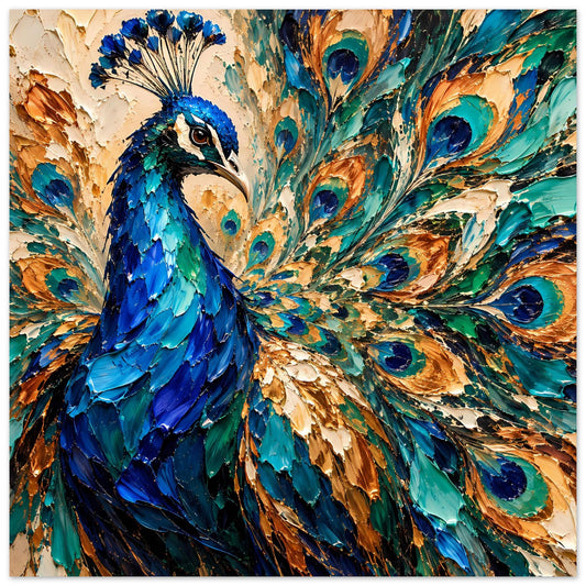 Kunstposter mit Pfau im Federkleid, Farben Blau, Türkis und Gold, vertikal