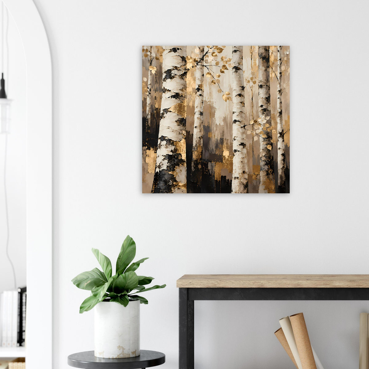Naturposter mit Birkenwald-Abstraktion: beige, schwarz und weiß, mehrere vertikale Baumstämme