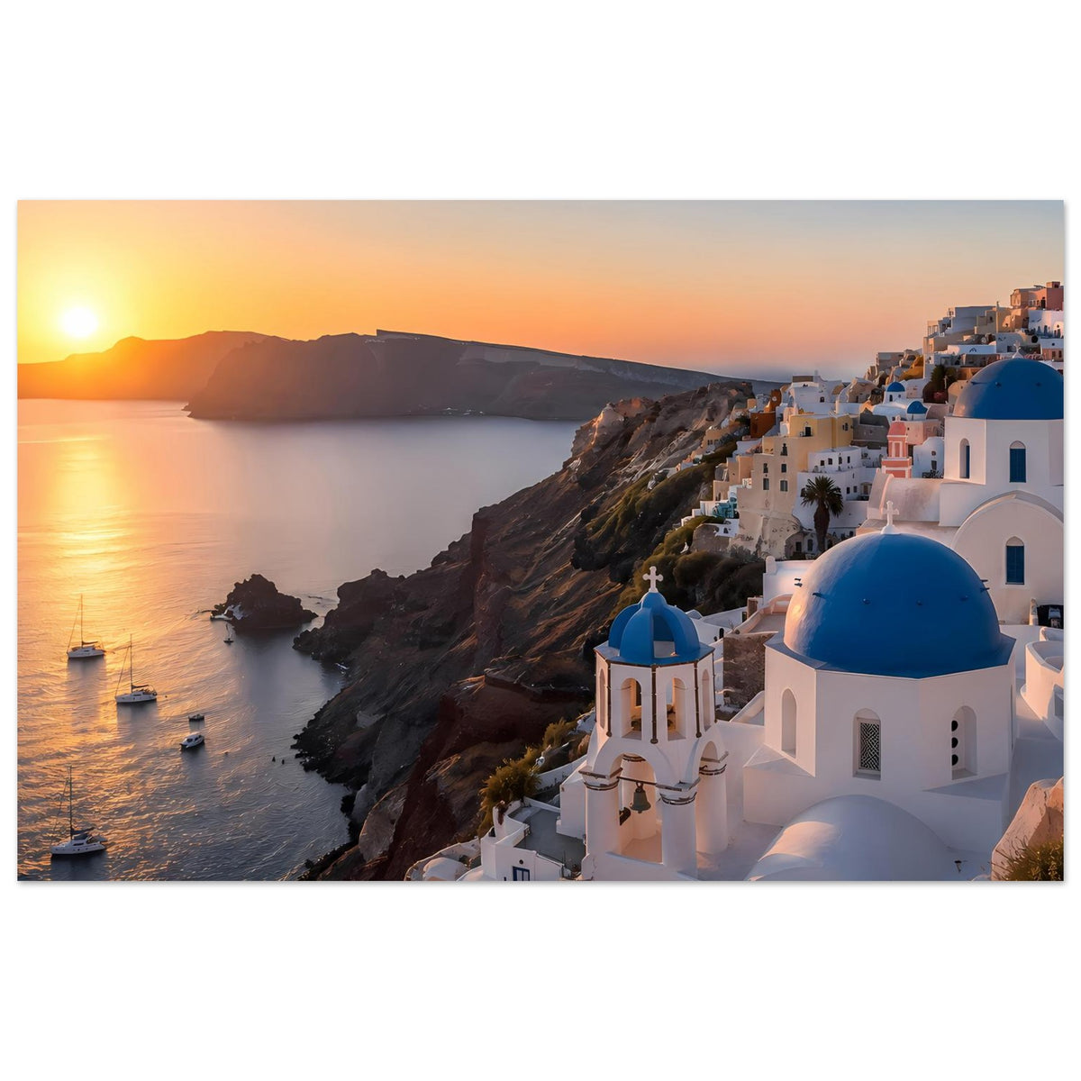 Poster: Großes Panorama von Santorini mit blauen Kirchenkuppeln und Meer