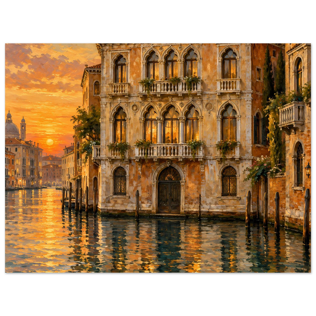Querformatiges Poster: venezianischer Palazzo am Kanalufer mit Abendhimmel und Spiegelungen