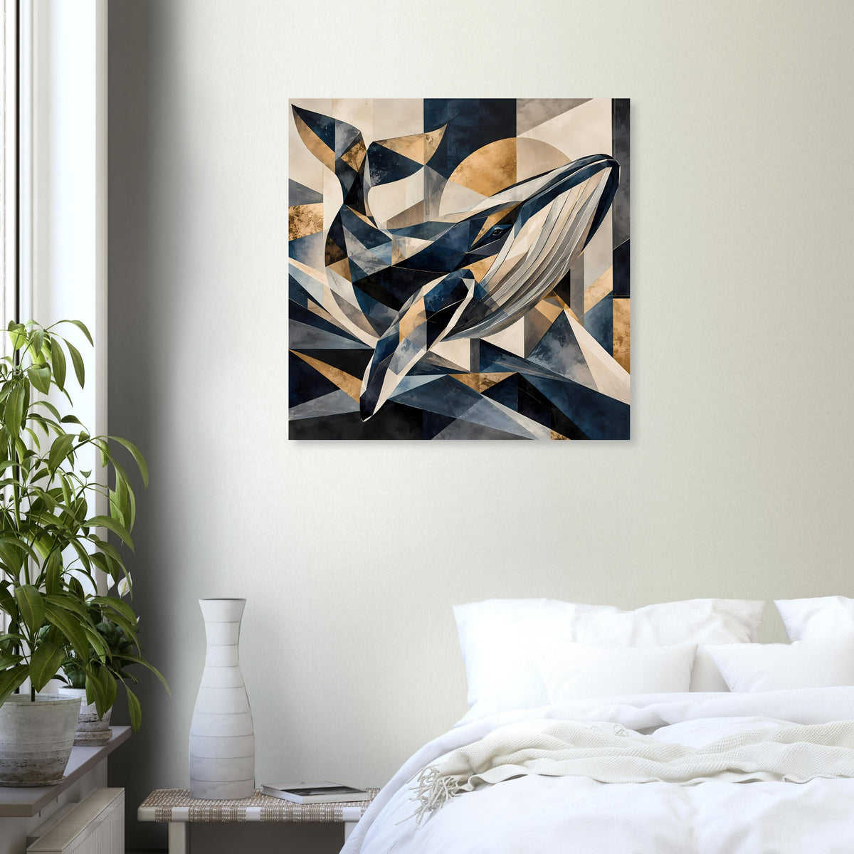 Gerahmtes Wandposter mit geometrischem Wal, schraffierten Blau- und Cremelinien