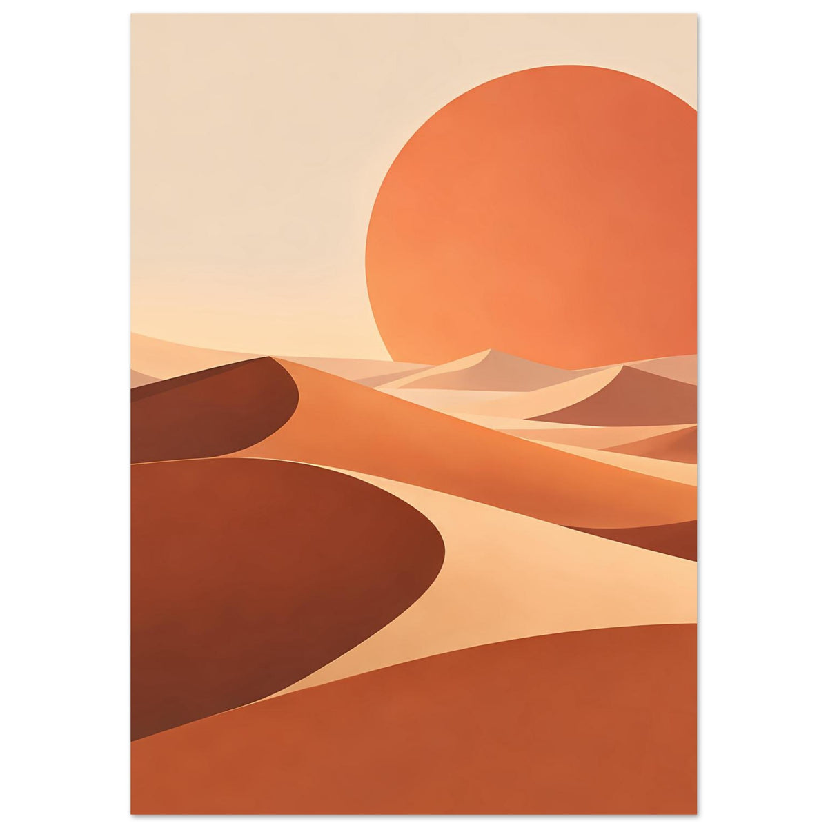 Wandposter (hochkant) mit abstrakter Wüstenlandschaft: orange Kreis, Dünen in Ocker und Brauntönen