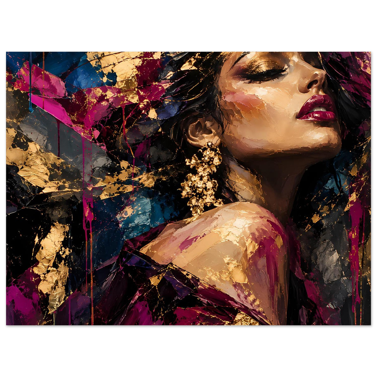 Poster mit abstraktem Frauenporträt, seitlich ausgerichtet, goldene Details, magenta Akzentflächen