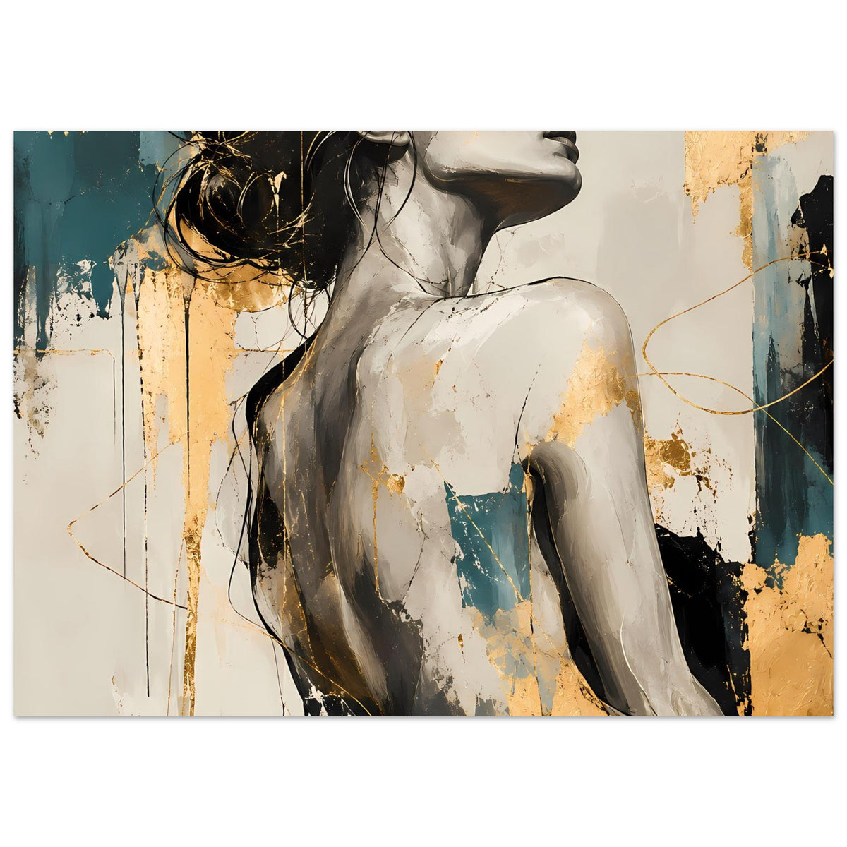 Kunst-Poster mit abstraktem Frauenporträt, horizontal, Schultern und Oberkörper, Gold/Petrol