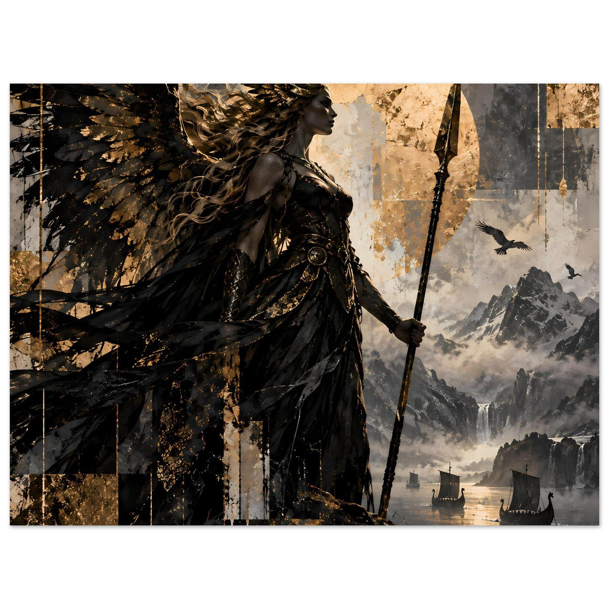 Kunstposter mit Walküre in Schwarz und Gold, Speer nach oben, Halbmond und Berge dahinter