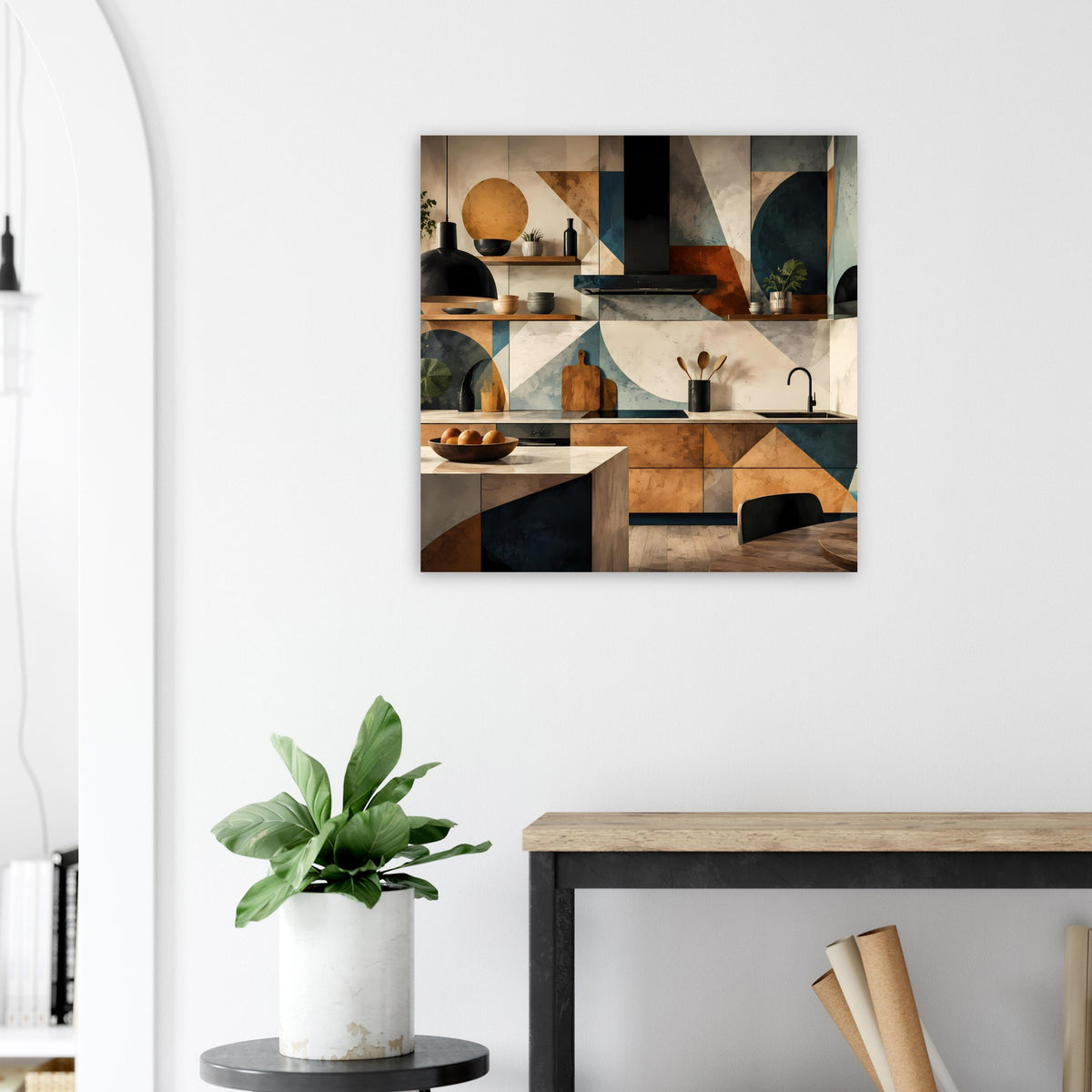 Geometrisches Küchenkunstposter mit abstrakter Küchenansicht, quadratisch an weißer Wand