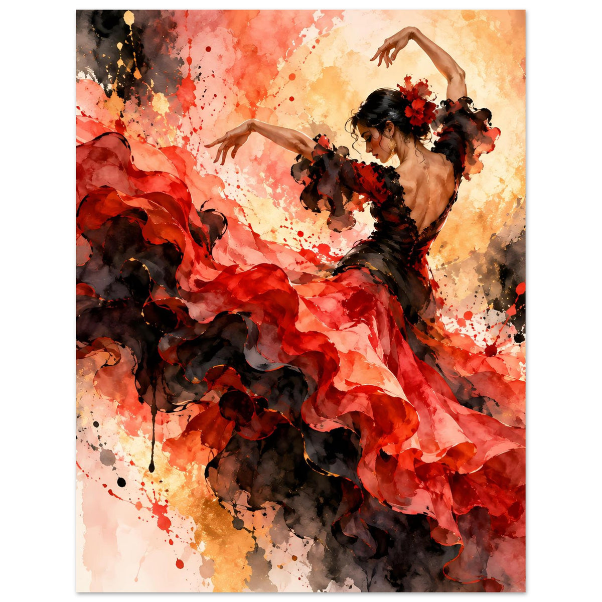 Flamenco-Tanzposter (Ausschnitt): Tänzerin in Rot und Schwarz, Rock fächernd