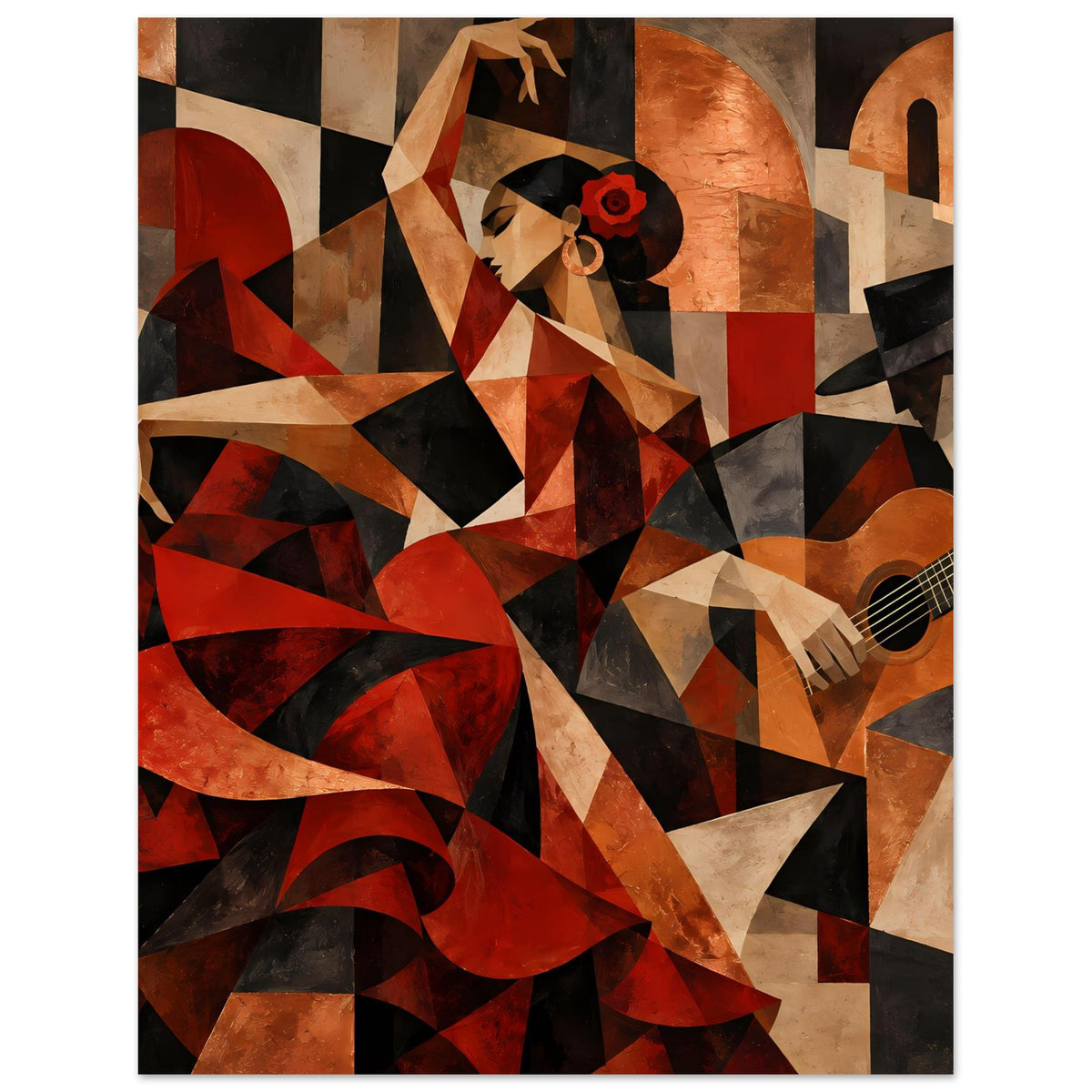 Kunstposter mit abstrakter Flamenco-Tänzerin, roten und beigen Dreiecken, Gitarre im rechten Rand