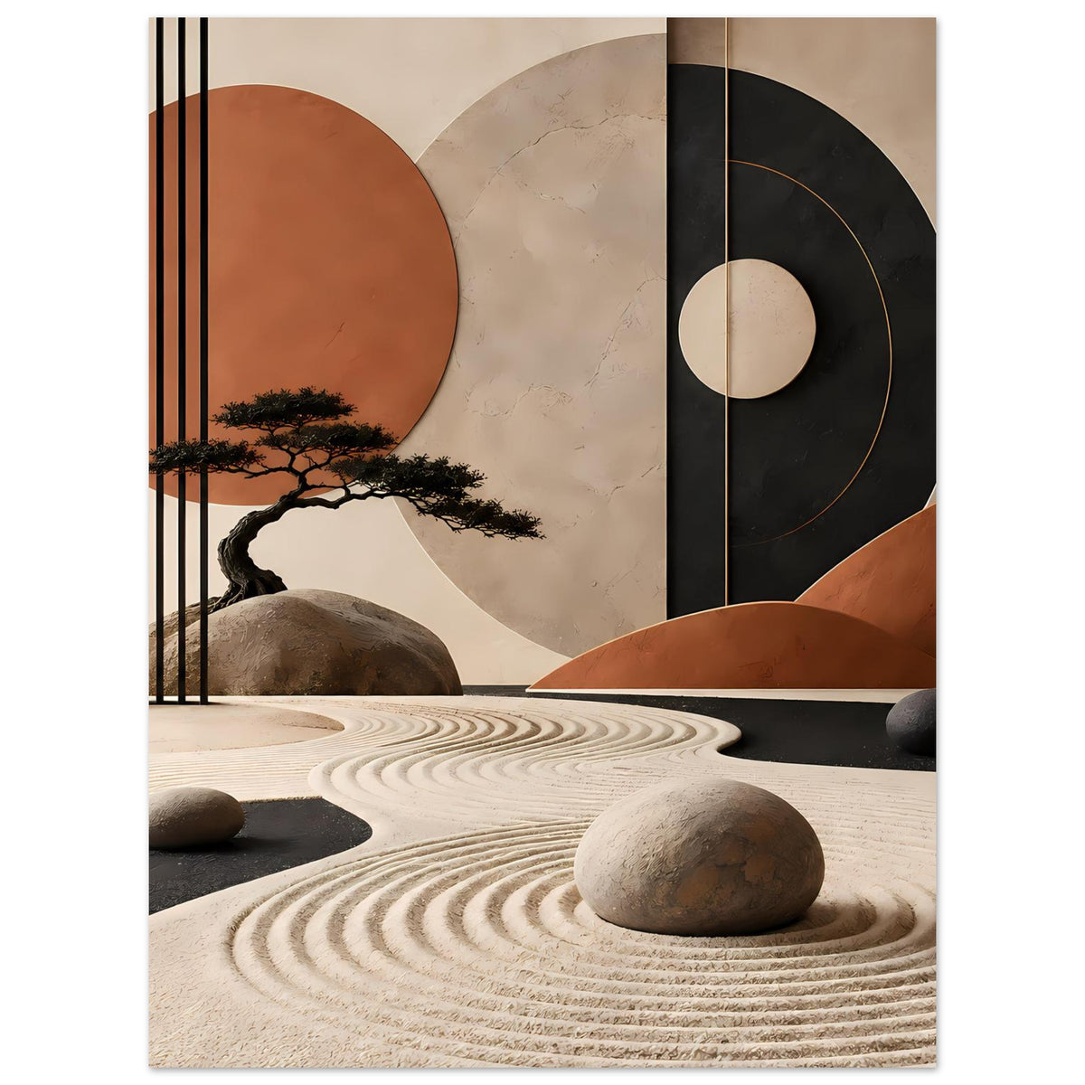 Abstraktes Wandposter mit Baum-Silhouette, Kreisen, schmalen Streifen und Steinen