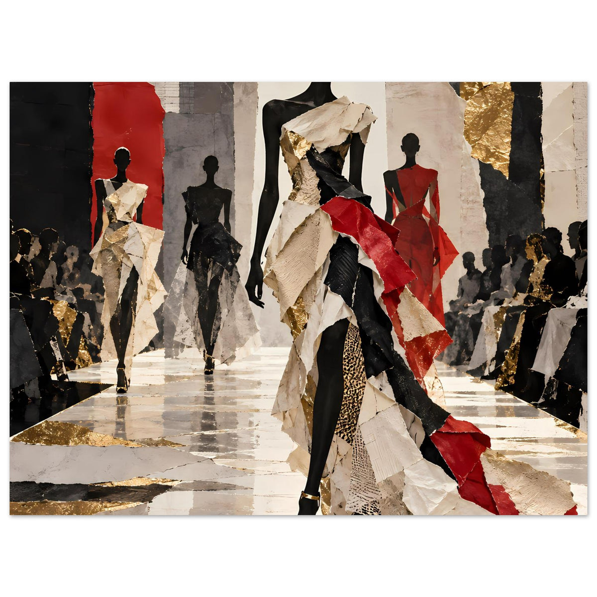 Horizontales Modeposter mit Modellen im Abendstil, Schwarz, Rot und Goldtöne