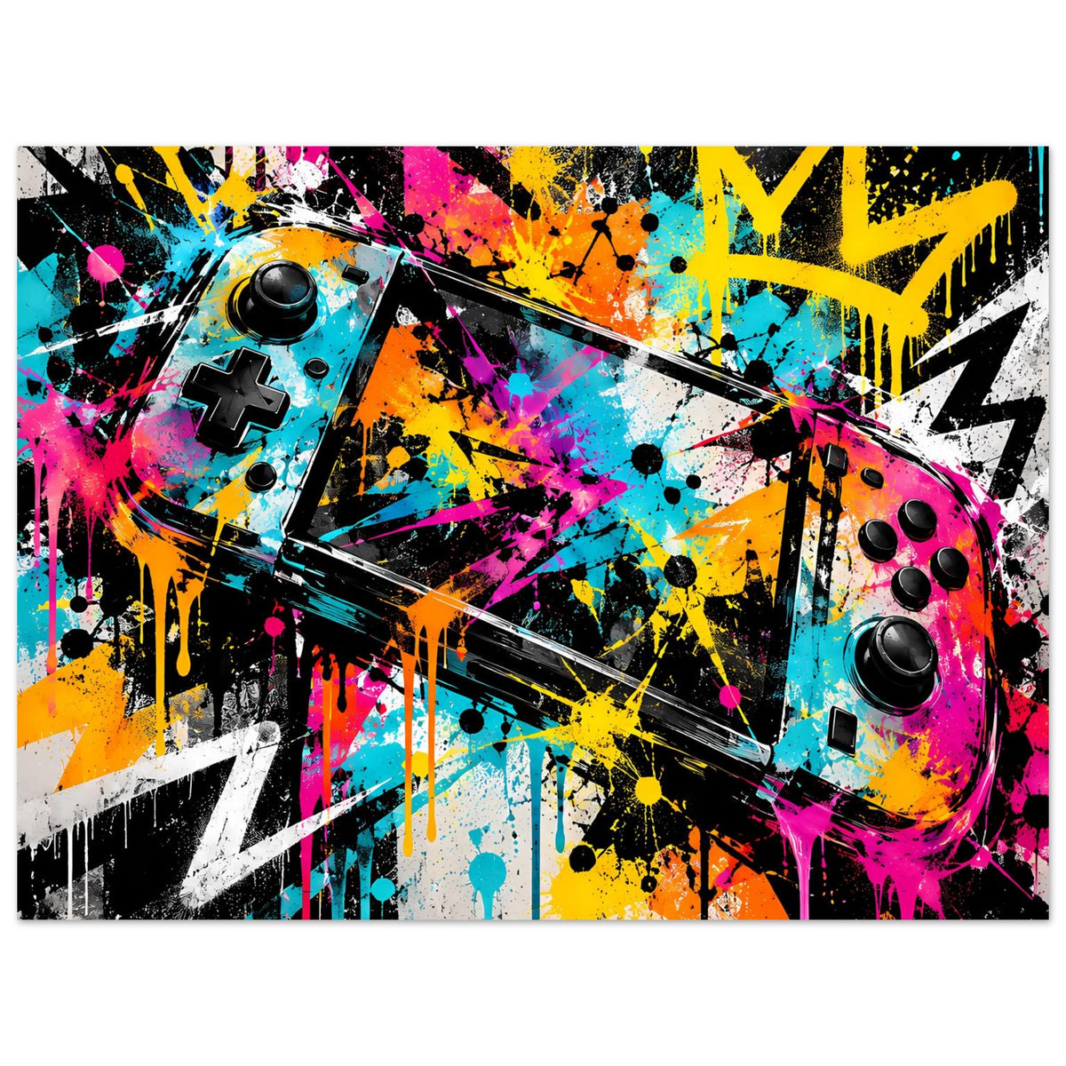 Querformatiges Gaming-Graffiti-Poster mit bunten Sprühflecken, Controller-Elementen und Pfeilform