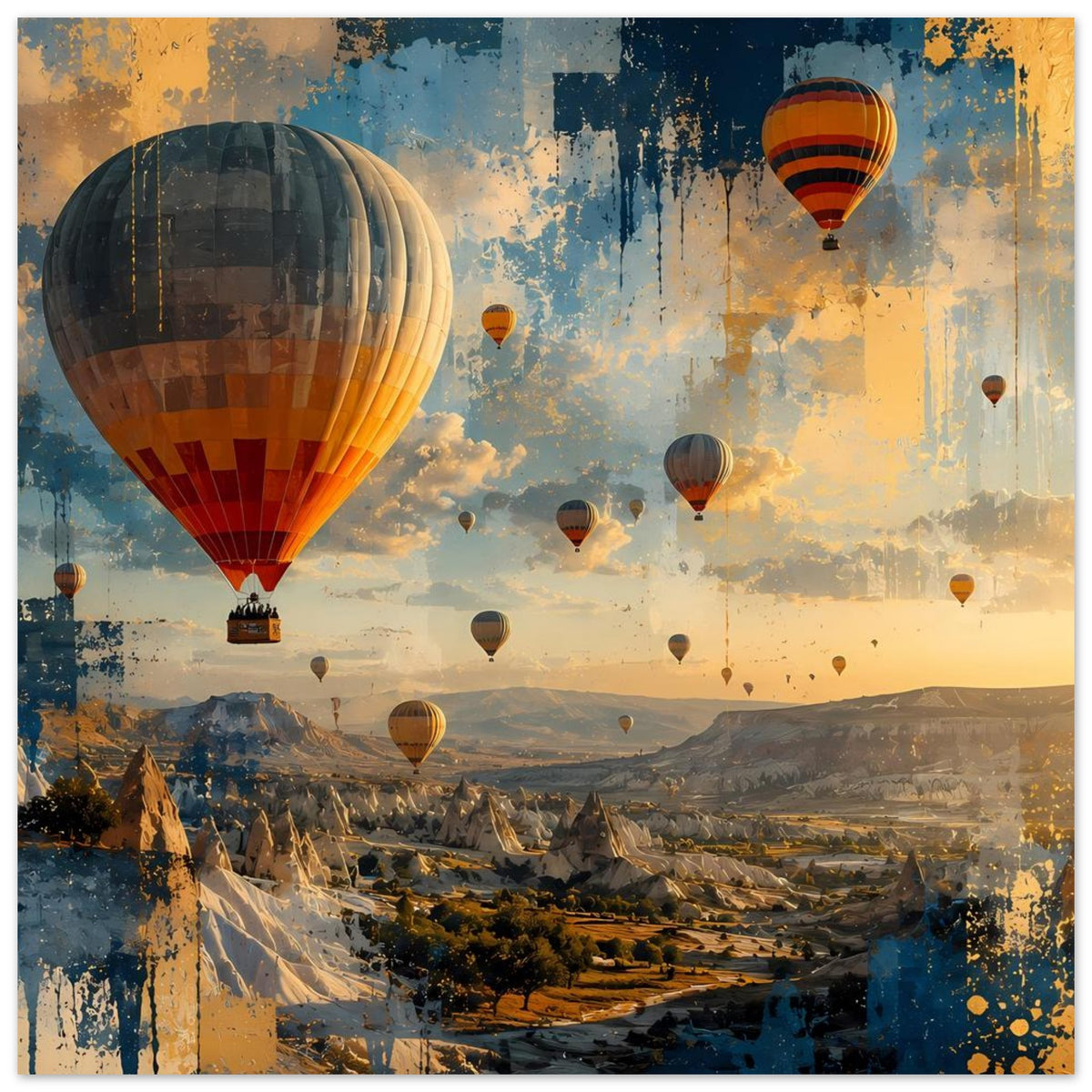 Landschaftsposter mit Heißluftballons: großer Ballon links, mehrere Ballons über Canyonlandschaft