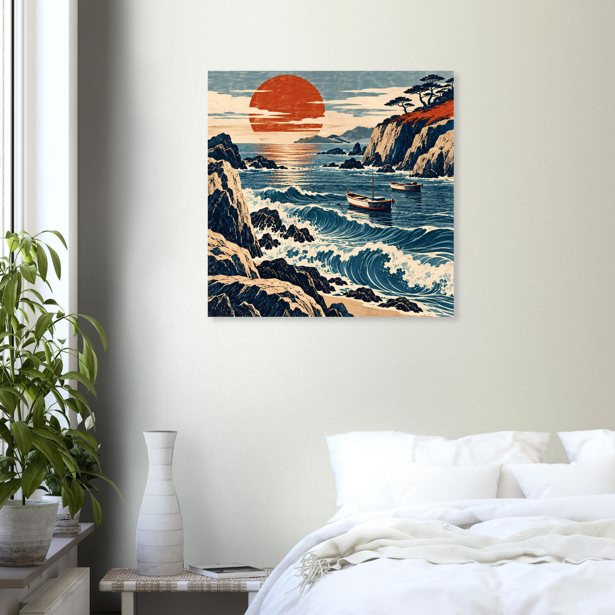 Quadratisches Wandposter mit roter Sonne, Küstenklippen und kräftigen Meerwellen
