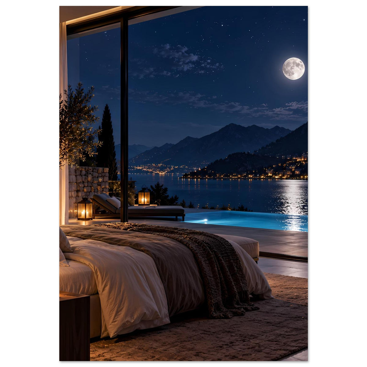 Poster im Hochformat mit nächtlichem Schlafzimmer: Bett vor Fenster, Mond über Bergen