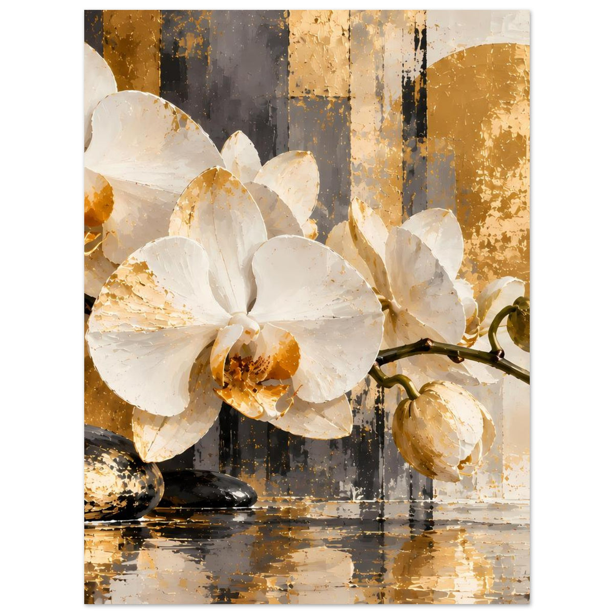 Orchideen-Poster mit weißen Blüten, goldbraunem Rankwerk und schwarz-grauen Akzenten
