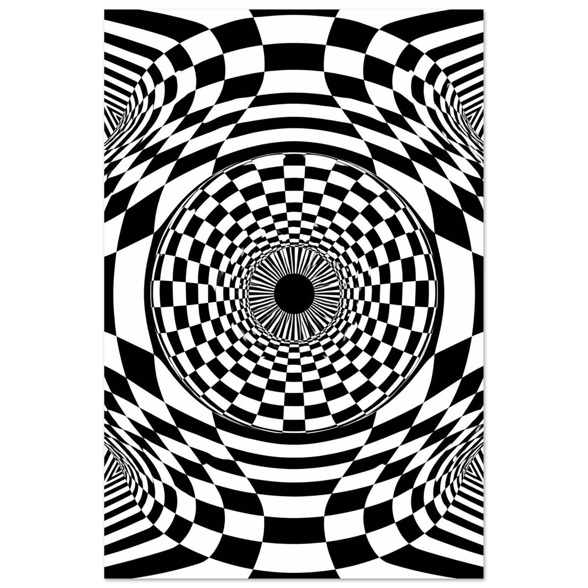 Poster mit schwarz-weißem Schachbrett-Kreis und hypnotischem Wirbelmuster