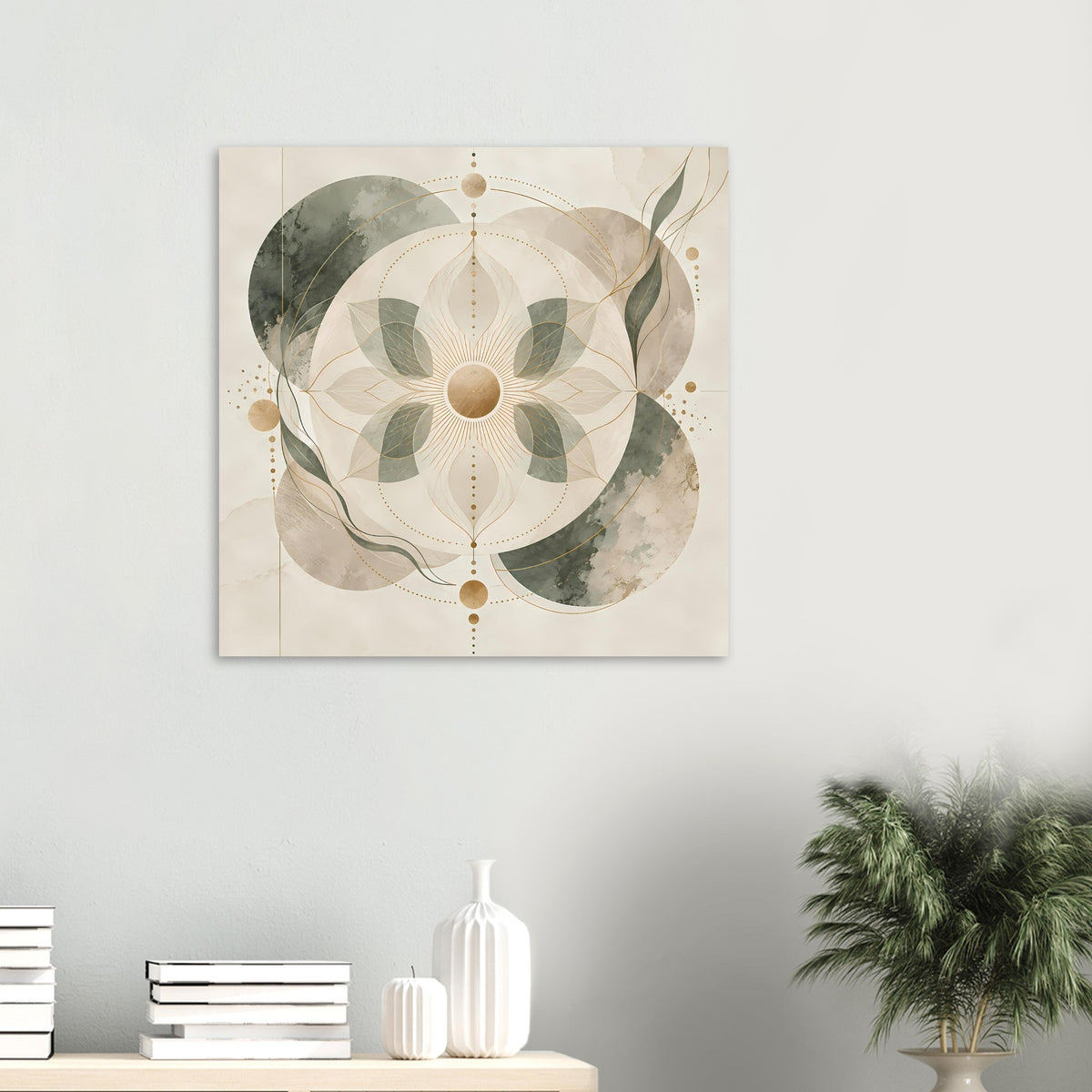 Quadratisches Mandala-Poster mit beigen und grünen Ornamenten sowie goldenen Linien